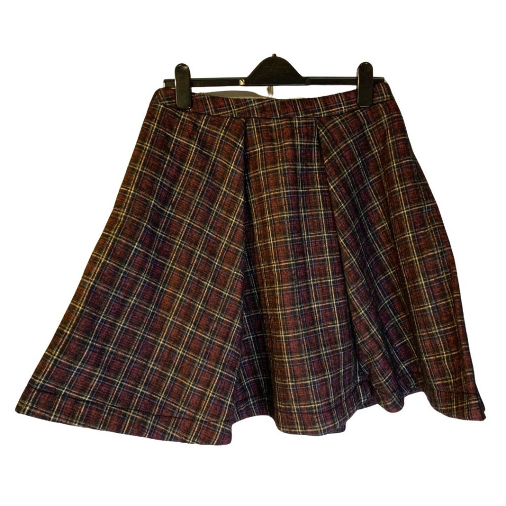 Svilu 100% Wool Plaid Skirt Size 8 NEW Women's Burgundy Sustainable A-Line